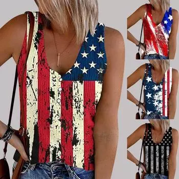 День независимости, модные женские повседневные топы без рукавов с v-образным вырезом и принтом, блузки, жилет L красный