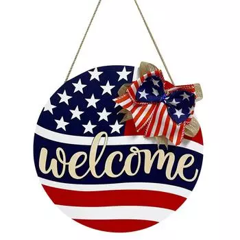 День независимости Приветственный Знак Деревянная Табличка Украшение День памяти Деревянный Патриотический Венок Настенный Наружный One Size белый