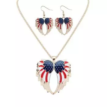 День независимости США Флаг Патриотические Крылья Женское Ожерелье Серьги Комплект Ювелирных Изделий золотистый