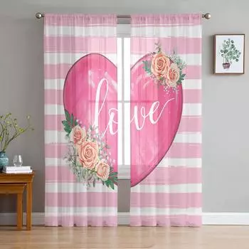 День святого Валентина Акварель Цветочная полоса Современные тюлевые шторы для гостиной спальни дома кухни окна прозрачные шторы 135W x 114H(cm)
