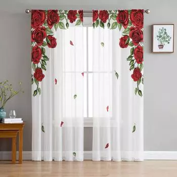 День святого Валентина, цветок розы, современные тюлевые шторы для гостиной, спальни, дома, кухни, окна, прозрачные шторы 135W x 114H(cm)
