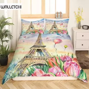 День святого Валентина King Queen Пододеяльник Париж Эйфелева башня Постельное белье Розовые акварельные тюльпаны Цветы Воздушный шар Полиэстер пододеяльник EU single(135x200cm)