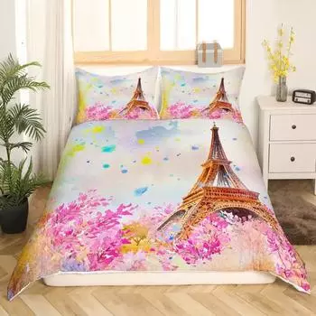 День святого Валентина King Queen Пододеяльник Париж Эйфелева башня Постельное белье Розовые акварельные тюльпаны Цветы Воздушный шар Полиэстер пододеяльник EU single(135x200cm)
