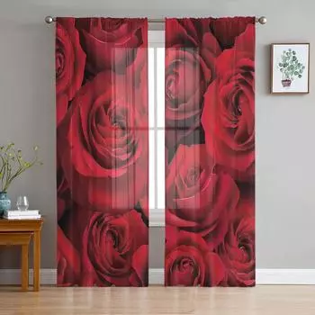 День святого Валентина Красная роза Цветок Тюль Шторы для гостиной Спальня Домашний декор Шифон Прозрачная вуаль Кухня Шторы 135W x 114H(cm)