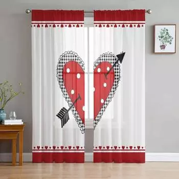 День Святого Валентина Красное Сердце Стрелка Современные Тюлевые Шторы Для Гостиной Спальни Домашней Кухни Окна Прозрачные Шторы 135W x 114H(cm)