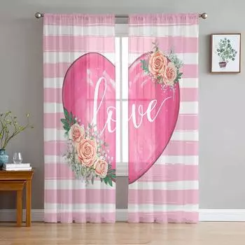 День святого Валентина любовь акварель цветок в полоску современные тюлевые шторы для гостиной спальни дома кухня окна прозрачные шторы 135W x 114H(cm)