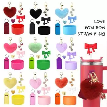 День святого Валентина Любовь Hairball Подвеска Силиконовый стаканчик Набор бант Соломенная мягкая пара Сердце брелок One Size чёрный