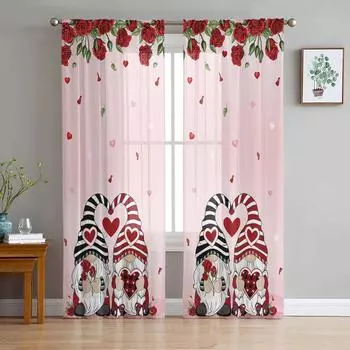 День Святого Валентина Любовь Карликовая Роза Современные Тюлевые Шторы Для Гостиной Спальни Домашней Кухни Окна Прозрачные Шторы 135W x 114H(cm)