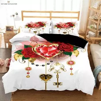 День святого Валентина Ретро Красная роза Сердце Принт Пододеяльник Постельное белье Текстильное одеяло Чехол Наволочка Машинная стирка 3 шт. EU 135x200cm 2PCS
