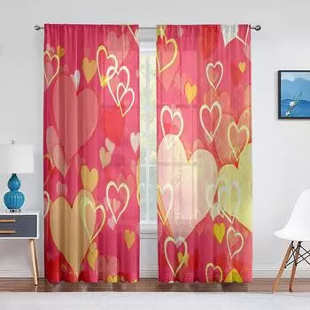 День святого Валентина с сердечками любви Розовые прозрачные вуалевые шторы для гостиной, спальни, детской комнаты, тюль, оконные шторы 1 PCS W100XH250cm&Rod Pocket