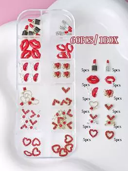 День святого Валентина Сердце Флакон духов Губная помада Подвески для ногтей 1 коробка(60pcs) 3D сплав украшения для ногтей DIY 2025 подарок для девочек