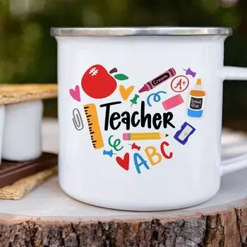 День учителя Канцелярия Сердце Яблоко Эмалированные кружки Ручка Чашки Кружка Пивная кружка Посуда Необычная чашка для чая Персонализированные подарки Чашка 360ml