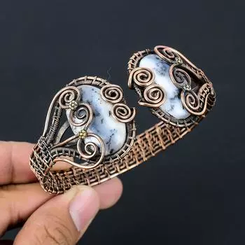 Дендрит опал драгоценный камень чистая медная проволока обернутая манжета/браслет ручной работы регулируемые ювелирные изделия Adjustable белый