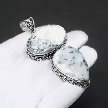Дендрит Опал Драгоценный Камень Ручной Работы Стерлингового Серебра 925 Подвеска Античный Двойной Натуральный Дендрит Опал Драгоценный Камень Ювелирные Изделия Кулон Подарки Для Подруги 2.75 белый/чёрный