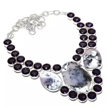 Dendrite Opal, Amethyst Handmade 925 Sterling Silver Jewelry Necklace 18 j8r83