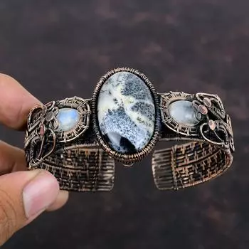 Dendrite Opal Cuff Bracelet Copper Wire Wrapped Adjustable Bangle Moonstone Gemstone Cuff Bracelet Copper Jewelry Handmade Bangle For Gifts