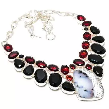 Ожерелье из серебра 925 пробы с опалом дендритом и гранатом 18 дюймов i6N74 белый