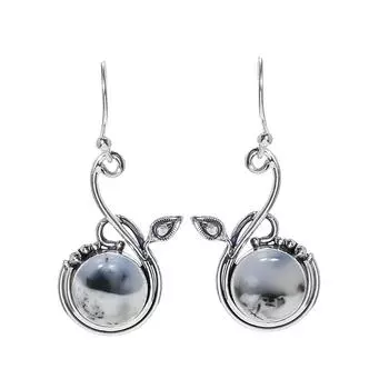 Dendritic Agate - Brazil 925 Sterling Silver Earring V7014, White Earring, Round Earring, Valentin s Day Gift, Gift For Her, Birthday Gift, Handmade J