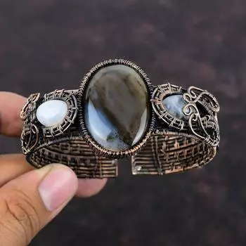 Dendritic Agate Cuff Bracelet Copper Wire Wrapped Bangle Gemstone Jewelry Adjustable Bangle Rainbow Moonstone Cuff Bracelet Handmade Jewelry