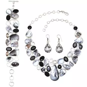 Комплект украшений из черного позвоночника с дендритным опалом 16-18 дюймов