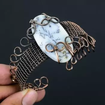 Дендритный опал, чистая медная проволока, обернутая ювелирным браслетом ручной работы, браслет, регулируемый для подарка Adjustable белый