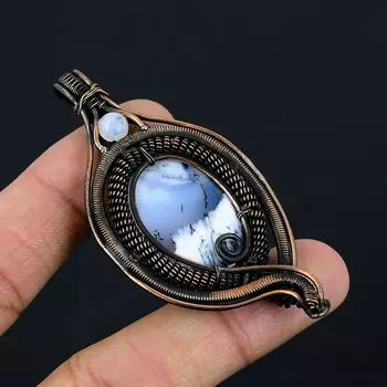 Дендритный опал, лунный камень, драгоценный камень, чистая медная проволока, обернутая дизайнерской подвеской ручной работы, ювелирные изделия для подарка 2.95 Inches белый