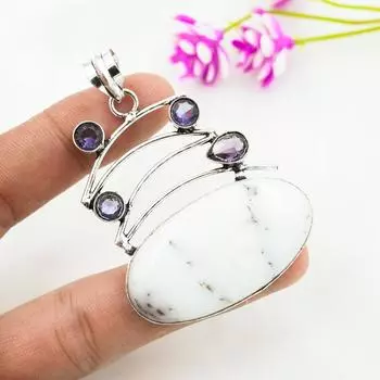 Дендритовый опал, аметистовый кулон с драгоценными камнями, 925 пробы кулон из цельного серебра, подарок для женщин, кулон ручной работы 2.48 Inches зелёный