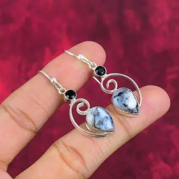 Дендритовый опал, черная шпинель 925 пробы, драгоценные камни, серьги ручной работы на День благодарения 1.97 Inches чёрный