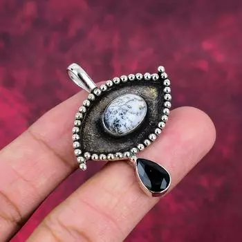 Дендритовый опал, черная шпинель, 925 пробы, драгоценный камень, кулон ручной работы, на День благодарения 1.96 Inches чёрный