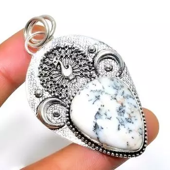 Дендритовый опал, драгоценный камень 925, посеребренный кулон ручной работы, 2,46 дюйма 2.46 белый