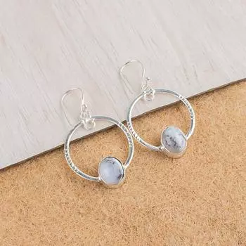 Дендритовый Опал Драгоценный камень 925 Стерлинговое серебро Ювелирные изделия ручной работы Серьги 1.37 EE-67-37