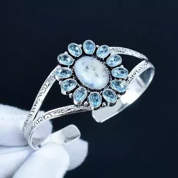 Дендритовый Опал Драгоценный Камень Браслет-Манжета Ручной Работы из Серебра 925 пробы, Браслет в форме цветка с голубым топазом для жены, Унисекс браслет, Подарок любви 7 белый