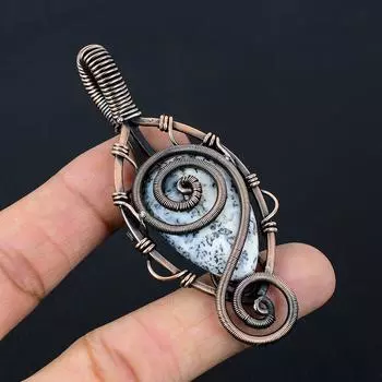 Дендритовый опал, драгоценный камень, чистая медная проволока, обернутая подвеской ручной работы, ювелирное изделие для нее 3.15 Inches белый