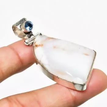 Дендритовый опал, голубой топаз, драгоценный камень 925, посеребренная ювелирная подвеска 2,08 дюйма 2.08 белый