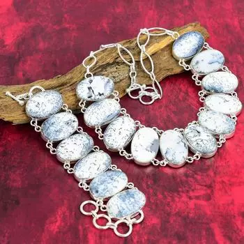 Дендритовый опал из стерлингового серебра 925 пробы, ожерелье и браслет, комплект ювелирных изделий для нее, красивые украшения из драгоценных камней, удивительный комплект ручной работы для женщин Adjustable With 8 -18 синий