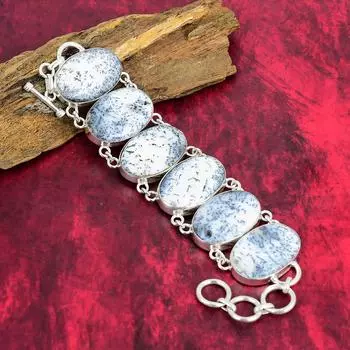 Дендритовый опал Натуральный твердый браслет из стерлингового серебра 925 пробы с регулируемой цепочкой, ювелирные изделия ручной работы из драгоценных камней, браслет для подарка на день рождения 8 Inches With Adjustable белый