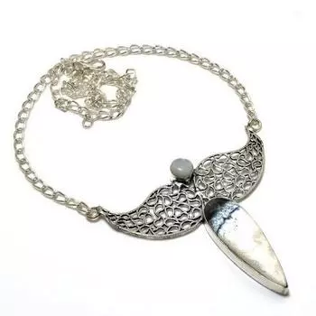 Дендритовый опал Радужный лунный камень Драгоценный камень 925 посеребренное колье 18 дюймов 18 белый