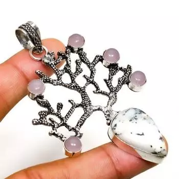 Дендритовый опал, розовый халцедон, драгоценный камень 925, посеребренный кулон 2,84 дюйма 2.84 белый