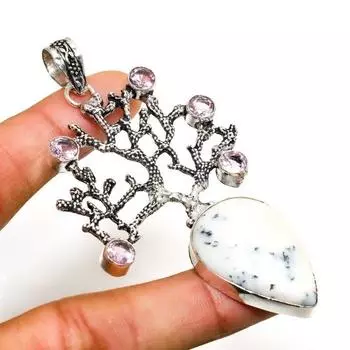 Дендритовый опал, розовый кунцит, драгоценный камень 925, посеребренный кулон 3,21 дюйма 3.21 белый
