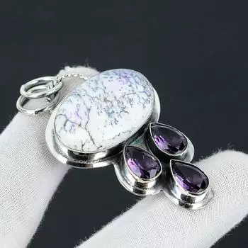 Дендритовый опал, Серебряный кулон с аметистом и драгоценным камнем, Ювелирный кулон из стерлингового серебра 925 пробы, Кулон из натурального дендритового опала для женщин / для нее 2.55 белый