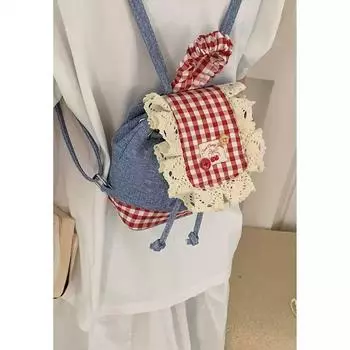 Denim Backpack Bags for Women 2025 New Arrival Tide Fashion Gingham Lace Cute Backpack Satchel Single Shoulder Bucket Bag Red