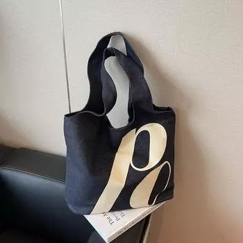 Denim bag Double-sided printed pattern shoulder bag Large letter tote portable lightweight women s bag чёрный