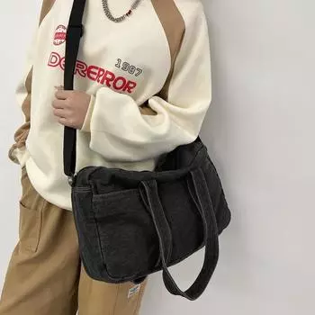 Сумка из денима, однотонная сумка через плечо, женская большая вместительная сумка-тоут, сумка подмышкой чёрный