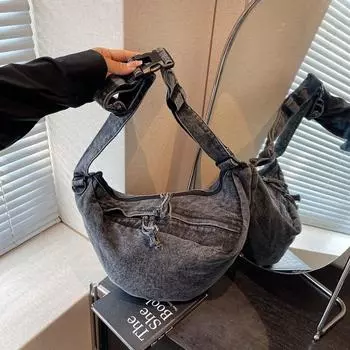 Denim bag women s large-capacity new summer versatile casual shoulder messenger bag commuter dumpling bag чёрный