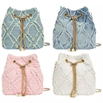 Denim Bucket Bag Drawstring Women Handbag Adjustable Strap Jean Purse Travel Bag светло-синий