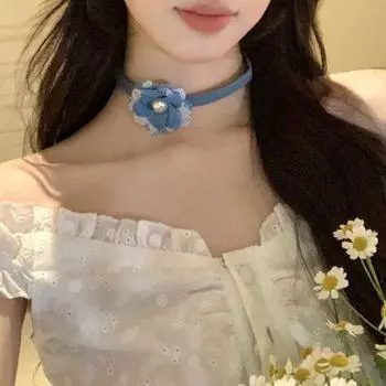 Denim Camellia Necklace Flower Pearl Chain Choker Personality Rose Choker Necklace Unisex белый