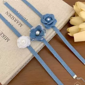 Denim Camellia Necklace Lace Pearl Chain Choker Vintage Rose Choker Necklace Couple белый