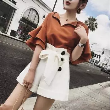 Denim Casual Fried Street Fashion Suit Female Summer 2025 New Arrival Loose Western Style Youthful-Looking Fancy Casual Shorts Two-piece Set Brown Tops + white pants M (40.00 kg-45.00 kg