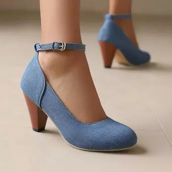 Denim fabric women s high heels thick heel high heel fairy shoes spring and autumn one-word buckle waterproof table simple high heels 34 синий