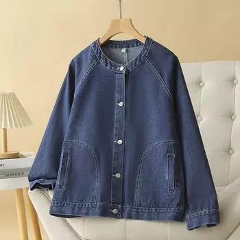 Denim Jacket Round Neck Women s Loose Pocket Fashion Denim Cardigan Jacket XXXXL